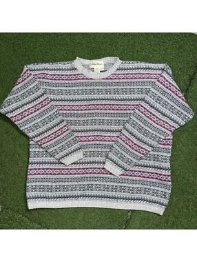 Vintage Eddie Bauer Fair Isle Knit Sweater USA Made Womens Large cotton Cozy 90s